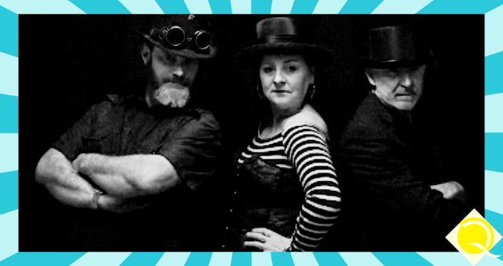 Black and white photo of The Grim Face Marys, in steampunk and gothic attire