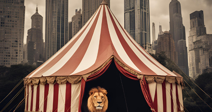 A boy looks up at the shadow of a huge lion, with a background of multi-coloured towering pipes. The circus-like text says Lionboy.