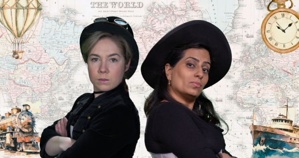 Nellie Bly and Elizabeth Bisland back to back, with a vintage map behind