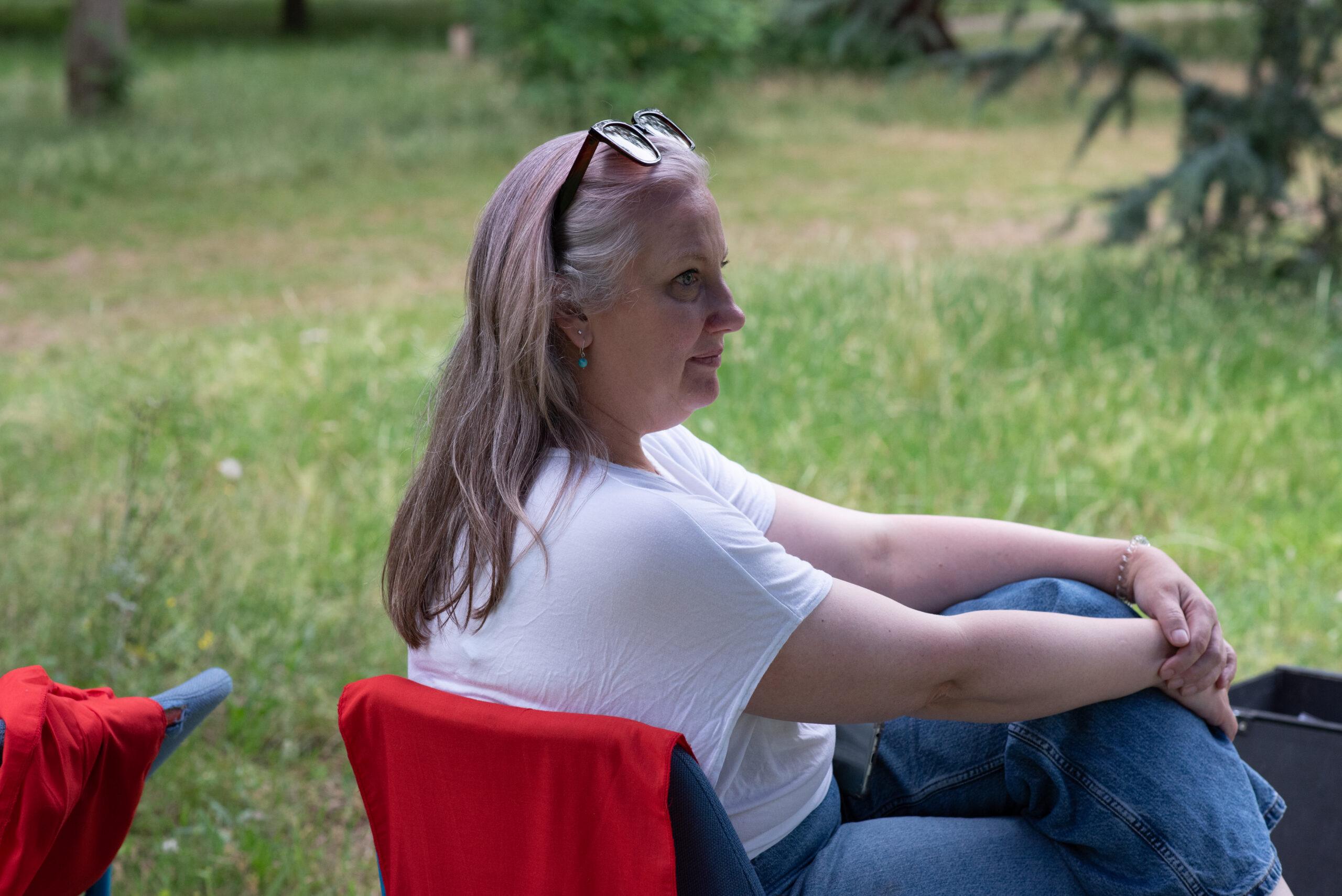 Director watching her play rehearsing in Walpole Park